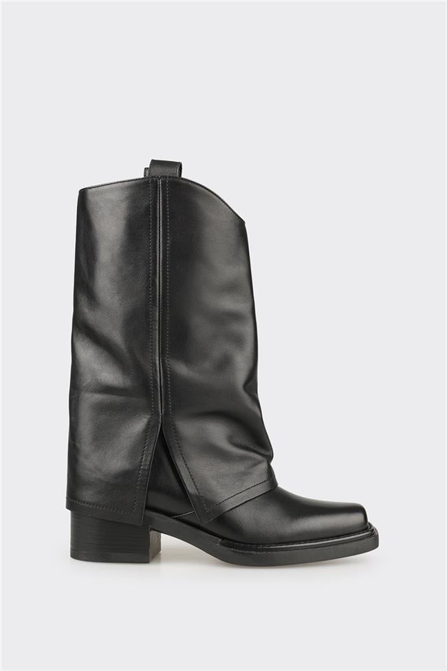 Siyah Deri Kadın Western Çizme