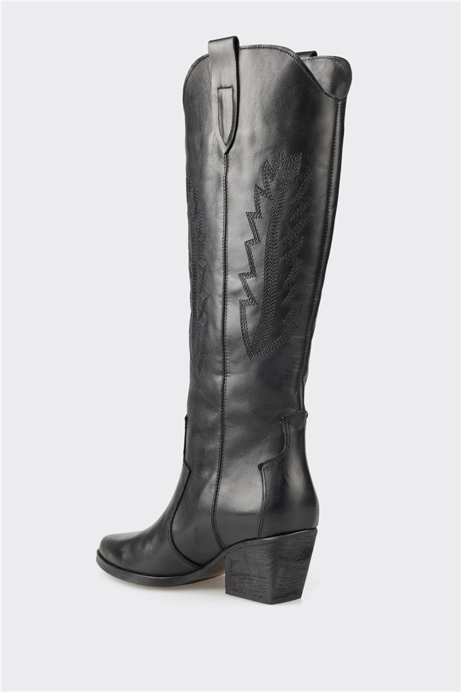 Siyah Deri Kadın Western Çizme