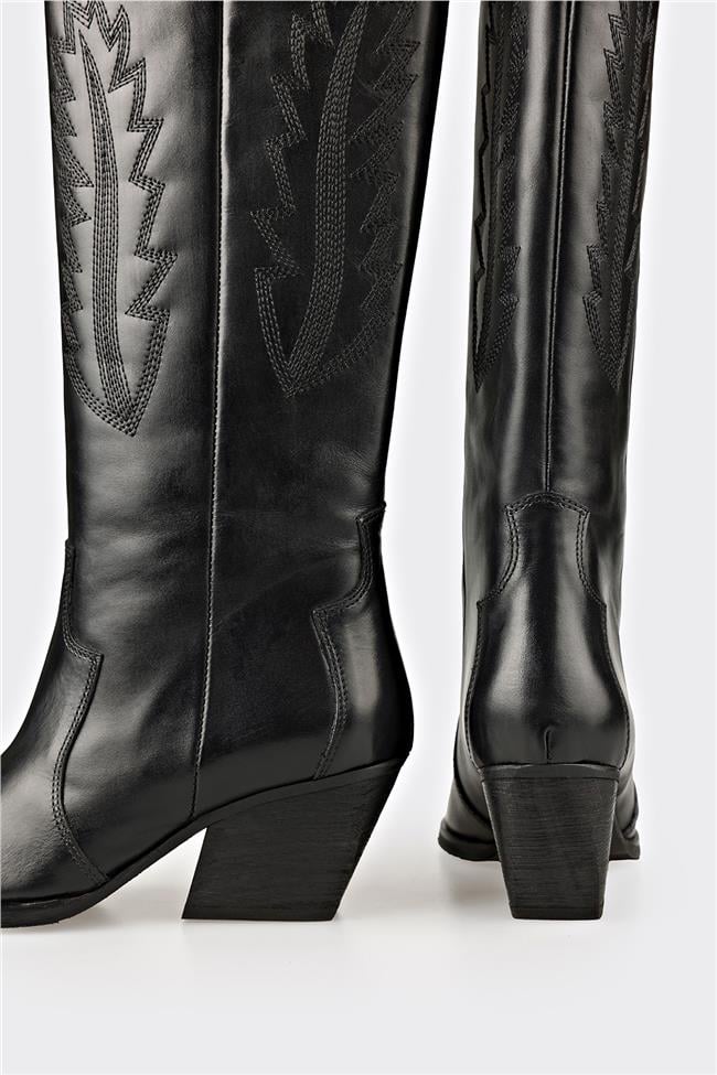 Siyah Deri Kadın Western Çizme