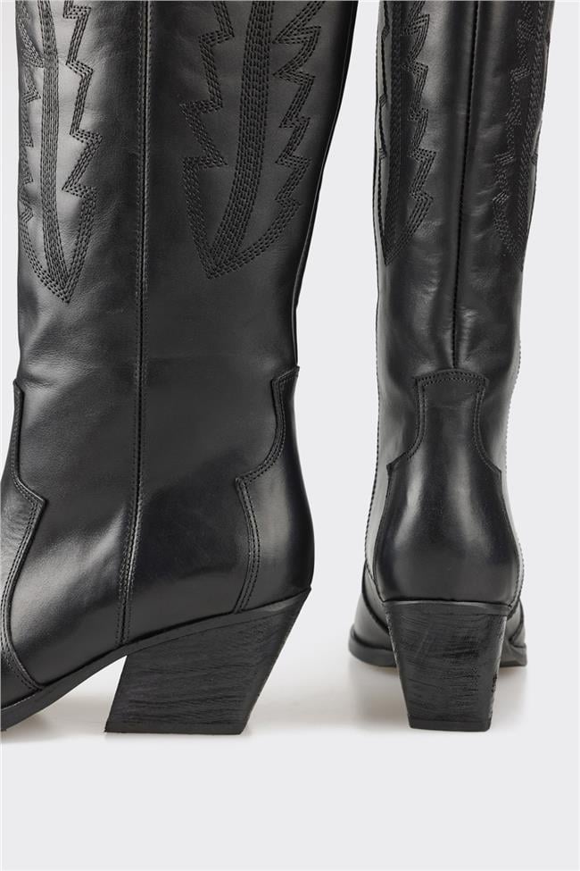 Siyah Deri Kadın Western Çizme