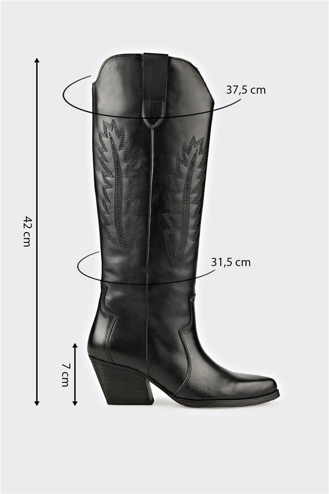 Siyah Deri Kadın Western Çizme