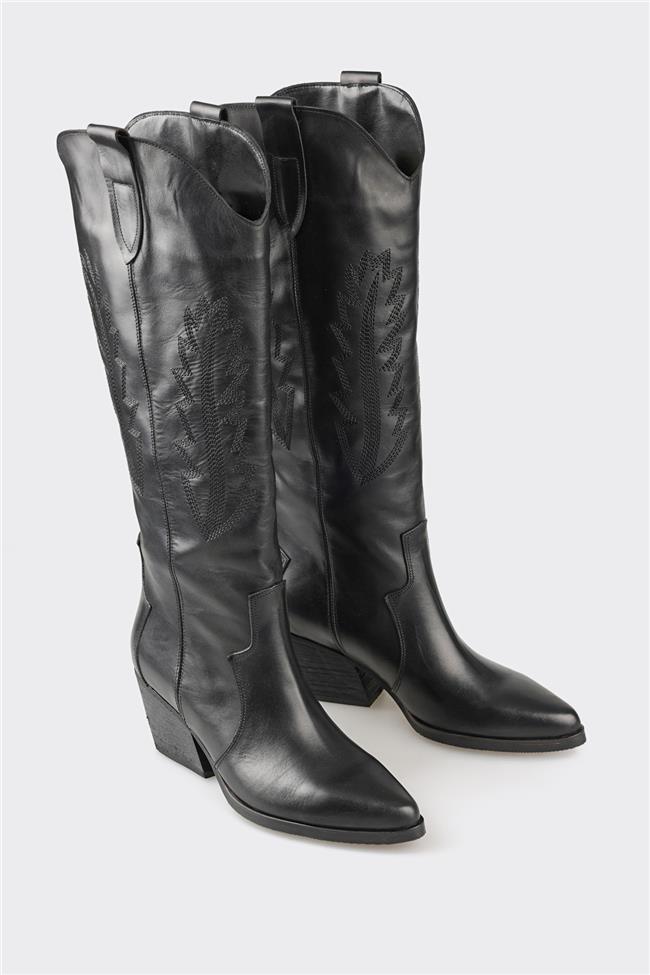 Siyah Deri Kadın Western Çizme
