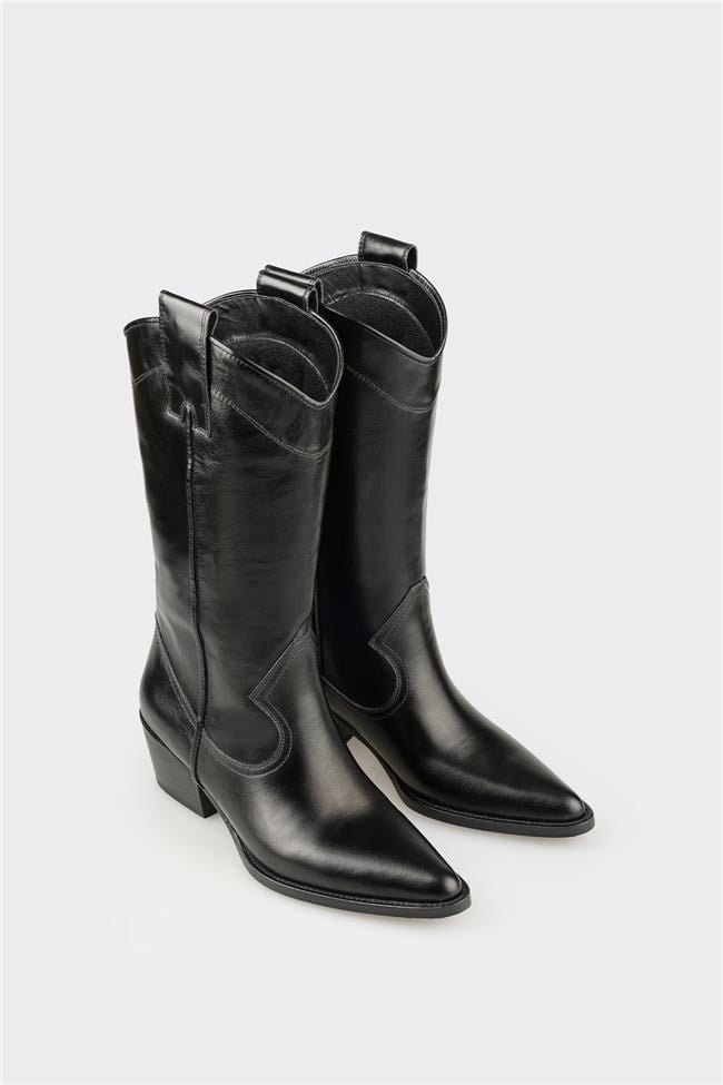 Siyah Deri Kadın Western Çizme