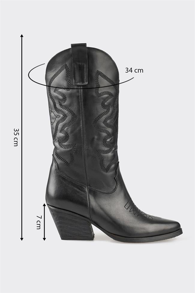 Siyah Deri Kadın Western Çizme