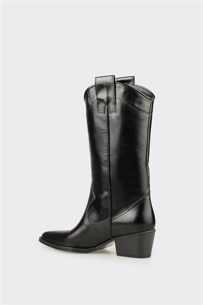 Siyah Deri Kadın Western Çizme