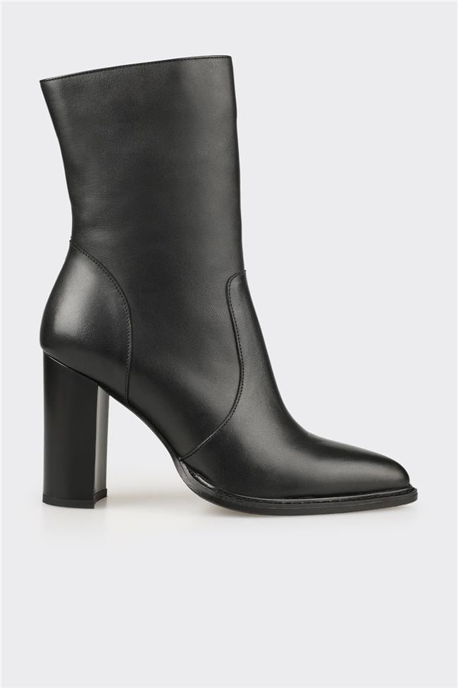 Siyah Deri Kadın Yüksek Topuk Bot