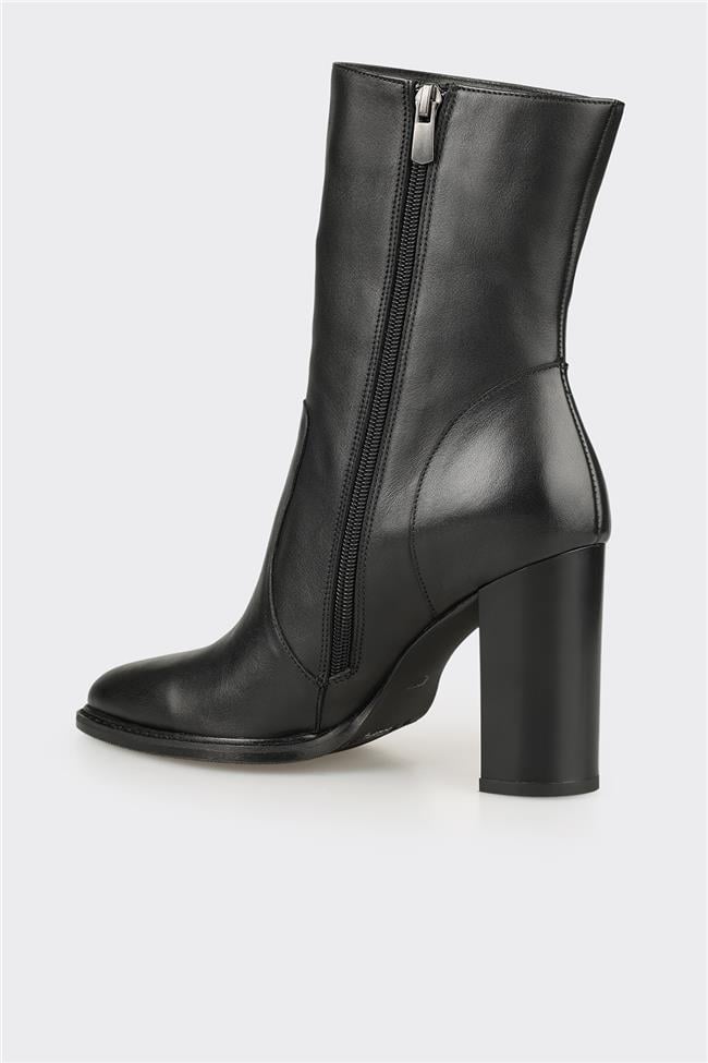 Siyah Deri Kadın Yüksek Topuk Bot