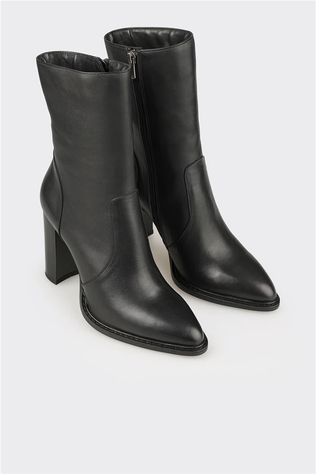 Siyah Deri Kadın Yüksek Topuk Bot