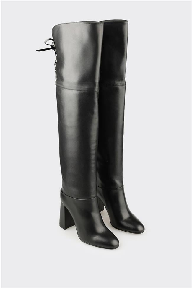 Siyah Deri Kadın Yüksek Topuk Çizme