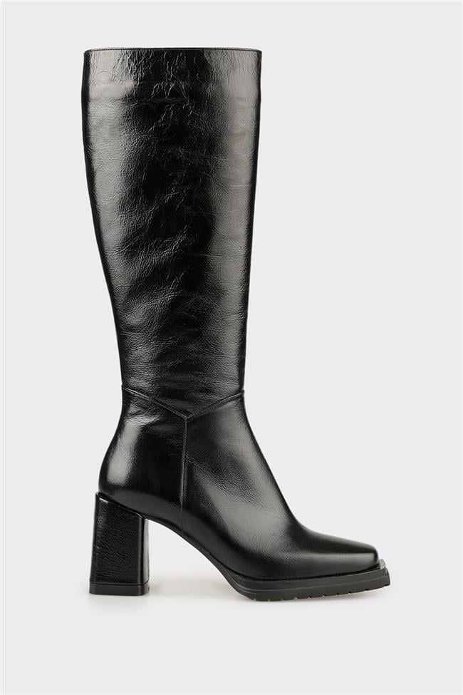 Siyah Deri Kadın Yüksek Topuk Çizme