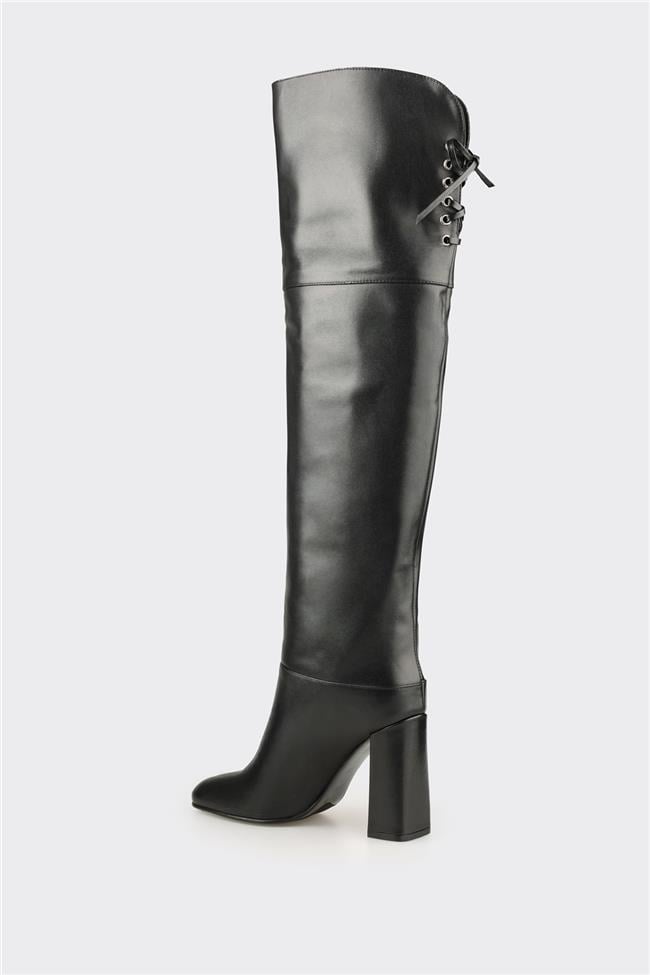 Siyah Deri Kadın Yüksek Topuk Çizme