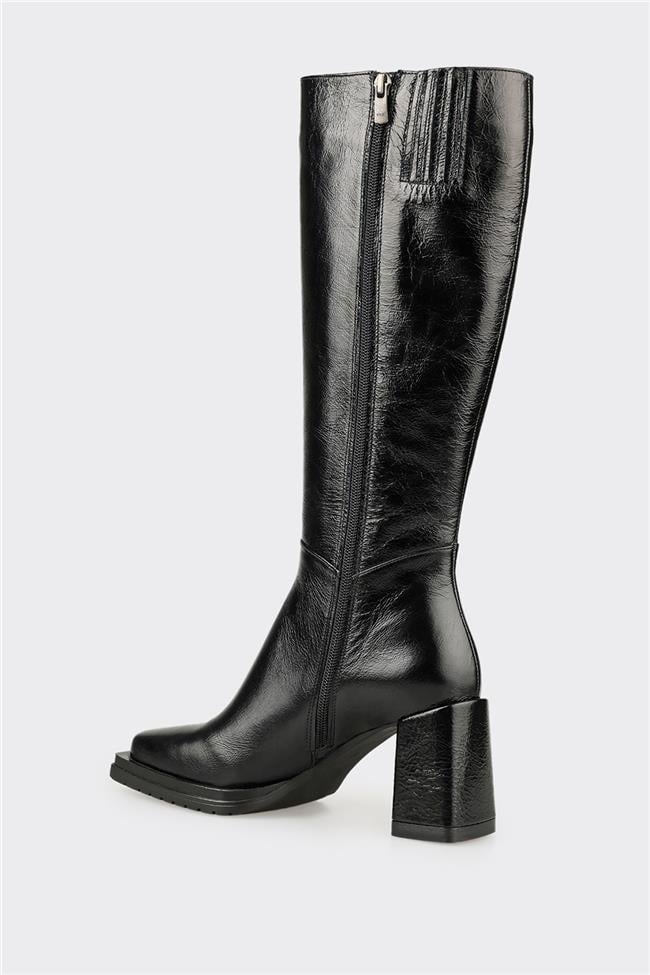 Siyah Deri Kadın Yüksek Topuk Çizme