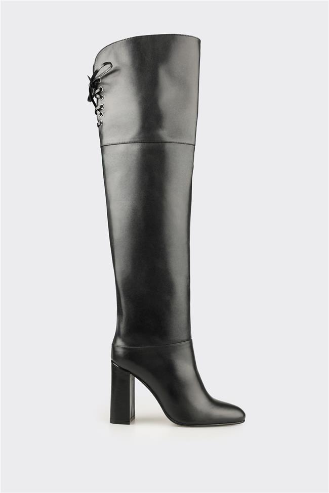Siyah Deri Kadın Yüksek Topuk Çizme