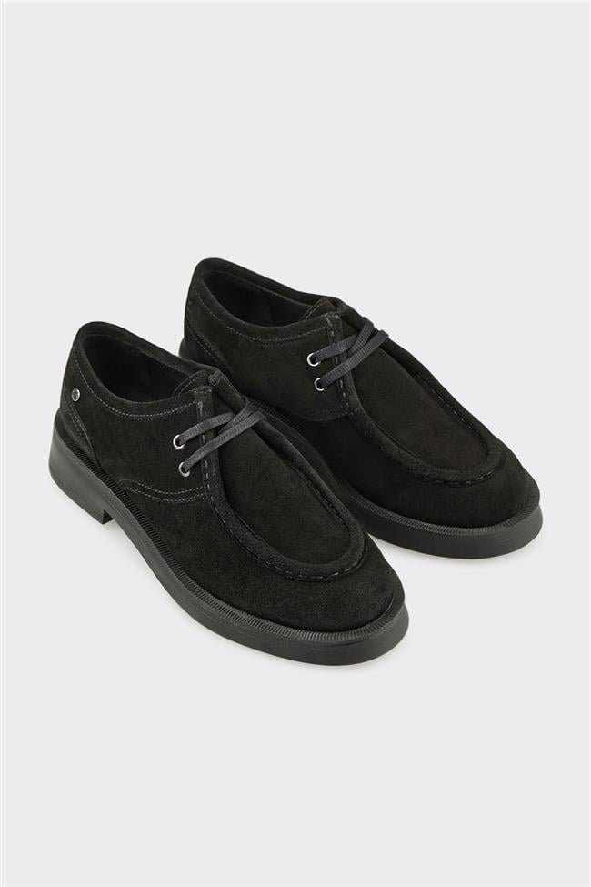 Siyah Deri Kadın Günlük Bağcıklı Ayakkabı