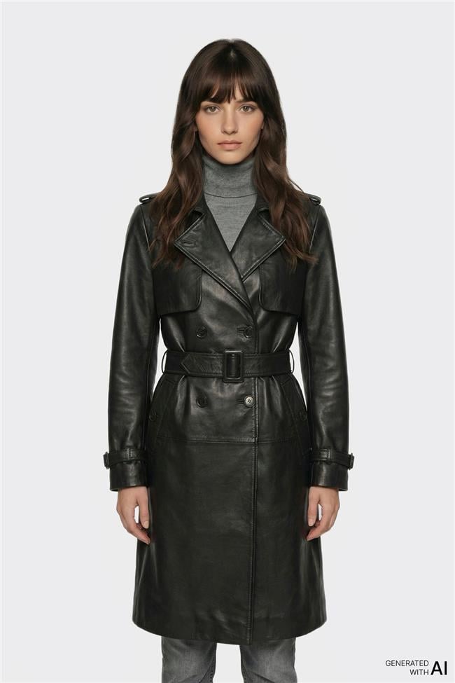 Siyah Kadın Deri Trençkot