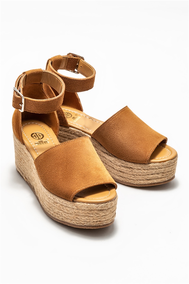 Taba Deri Kadın Dolgu Topuklu Sandalet