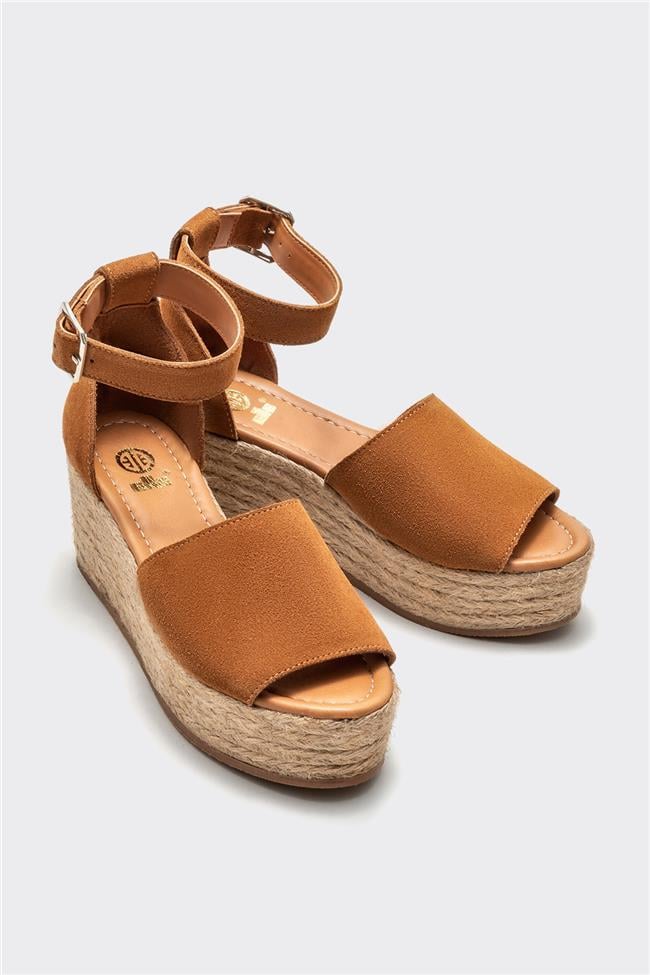 Taba Deri Kadın Dolgu Topuklu Sandalet