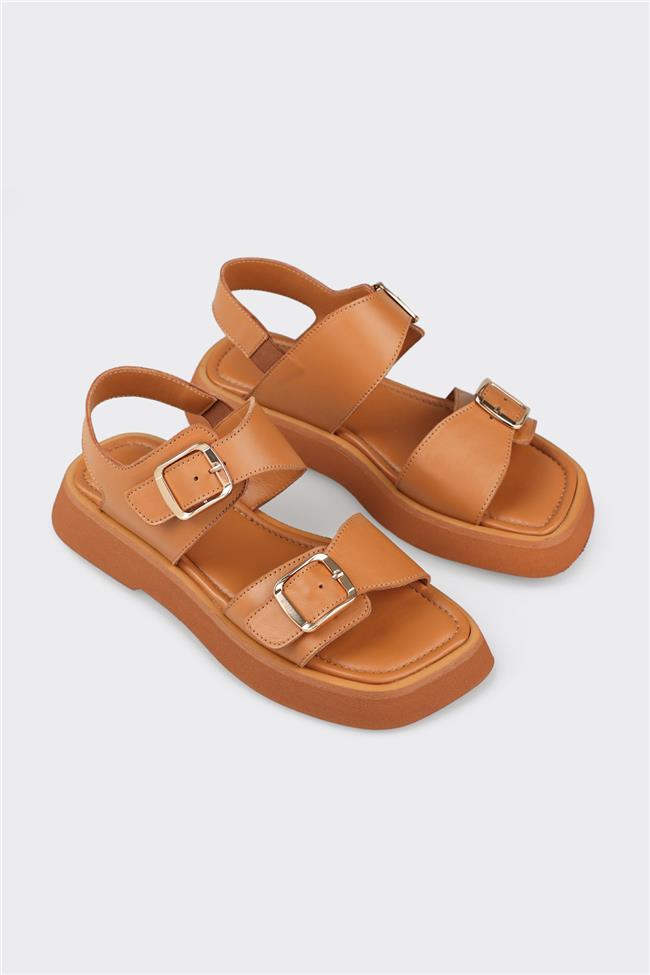 Taba Deri Kadın Düz Sandalet