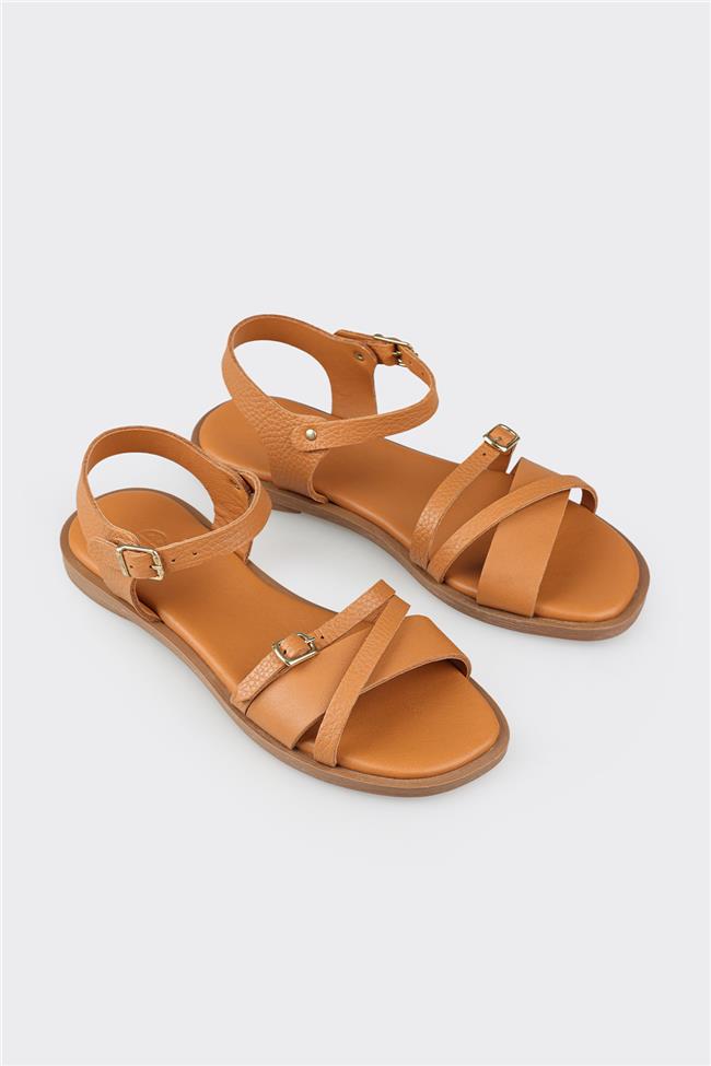 Taba Deri Kadın Düz Sandalet