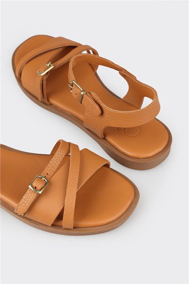 Taba Deri Kadın Düz Sandalet