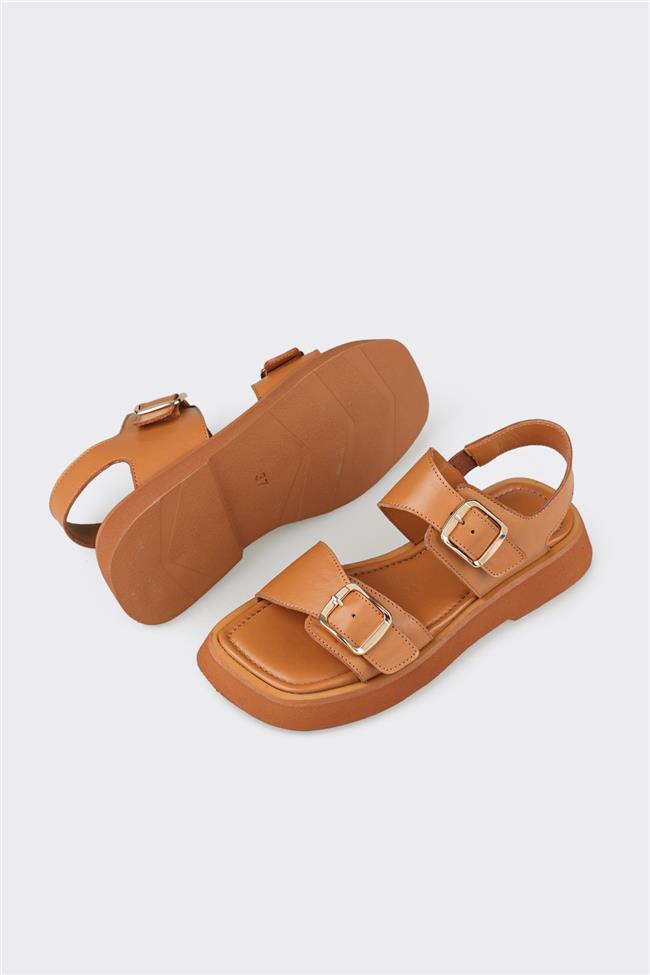 Taba Deri Kadın Düz Sandalet