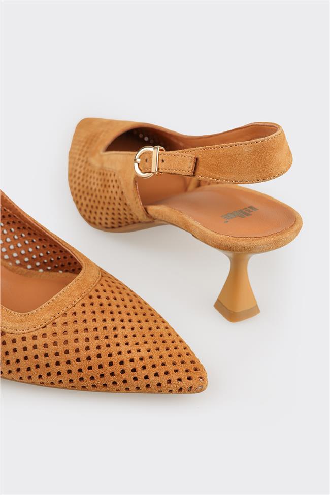 Taba Deri Kadın Topuklu Ayakkabı