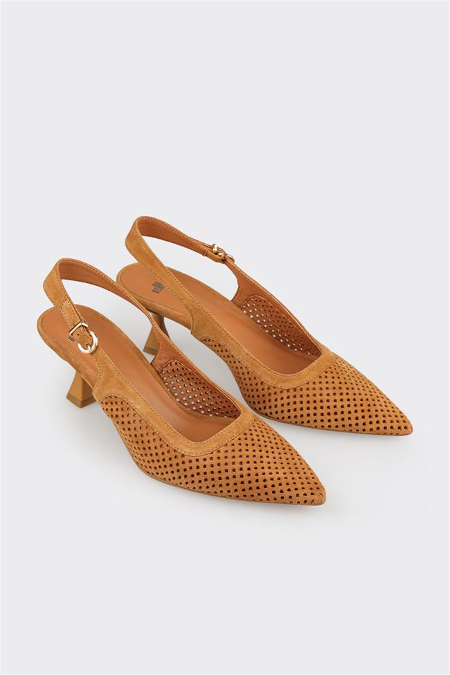 Taba Deri Kadın Topuklu Ayakkabı