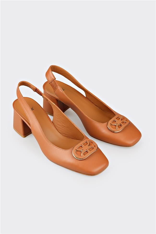 Taba Deri Kadın Topuklu Ayakkabı