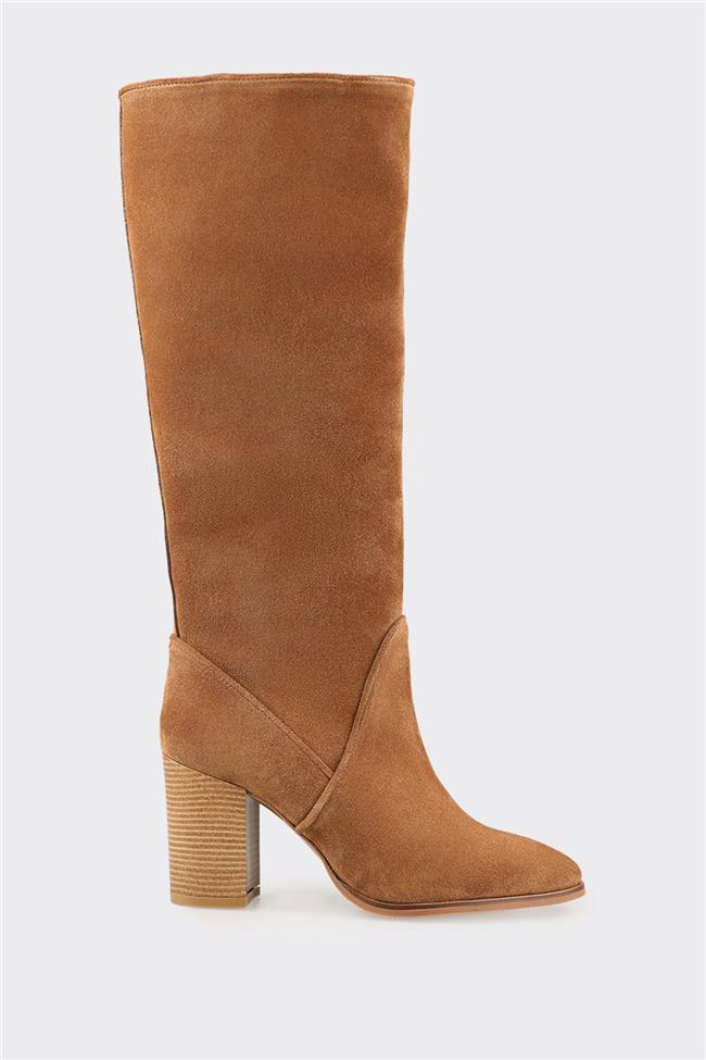 Taba Deri Kadın Topuklu Çizme