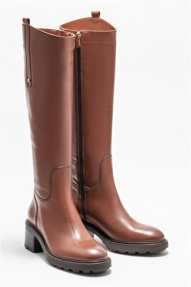 Taba Deri Kadın Topuklu Çizme