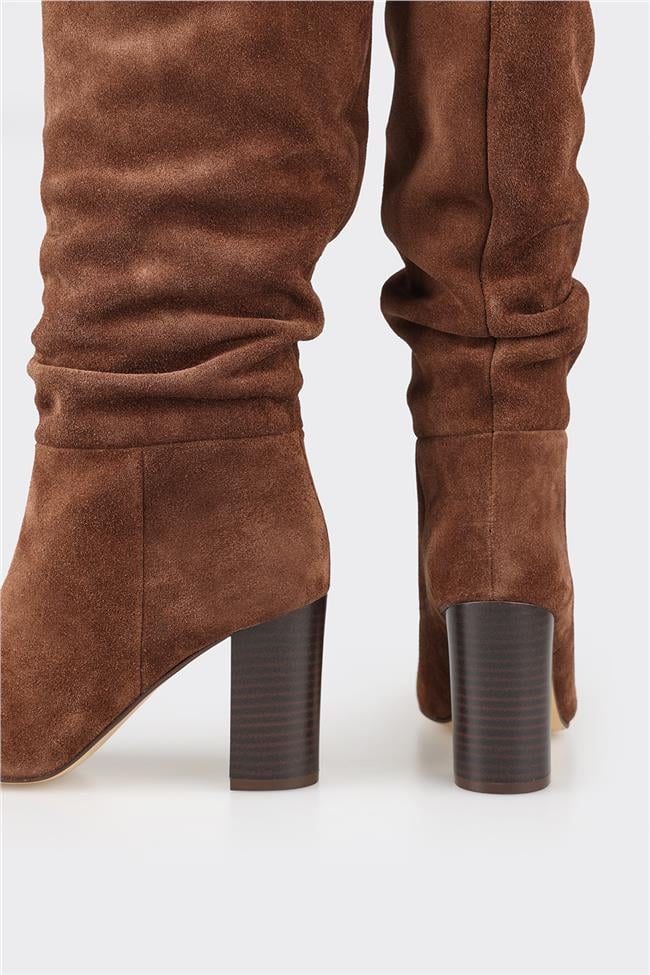 Taba Deri Kadın Topuklu Çizme