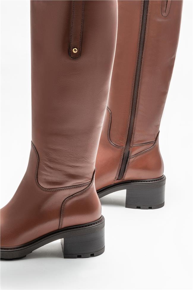 Taba Deri Kadın Topuklu Çizme