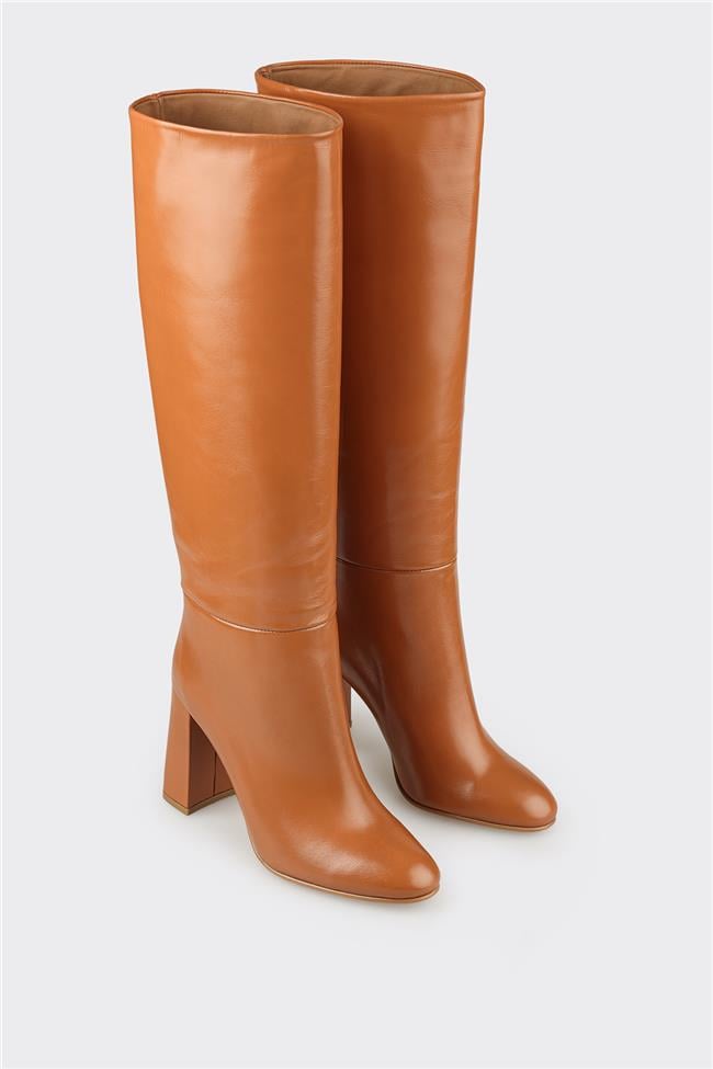 Taba Deri Kadın Topuklu Çizme