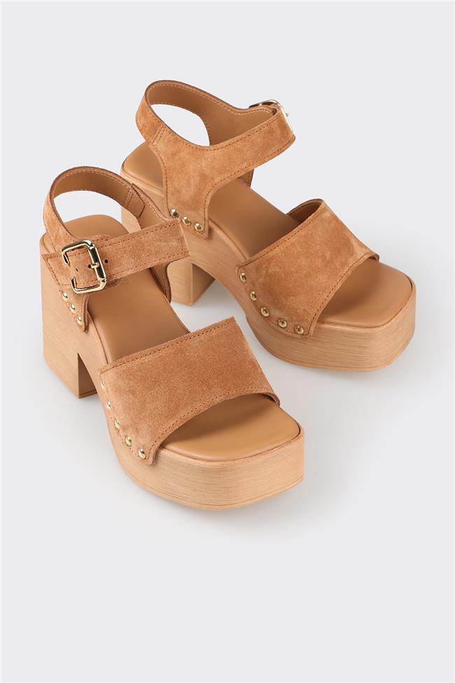 Taba Deri Kadın Topuklu Sandalet
