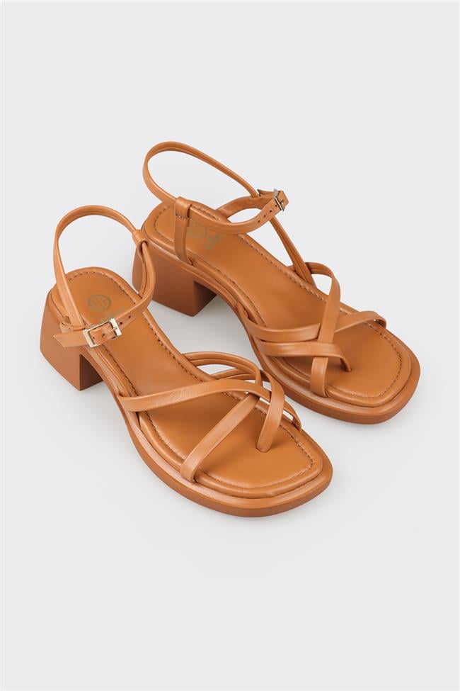 Taba Deri Kadın Topuklu Sandalet
