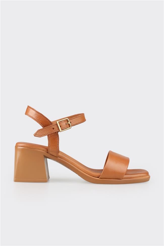 Taba Deri Kadın Topuklu Sandalet