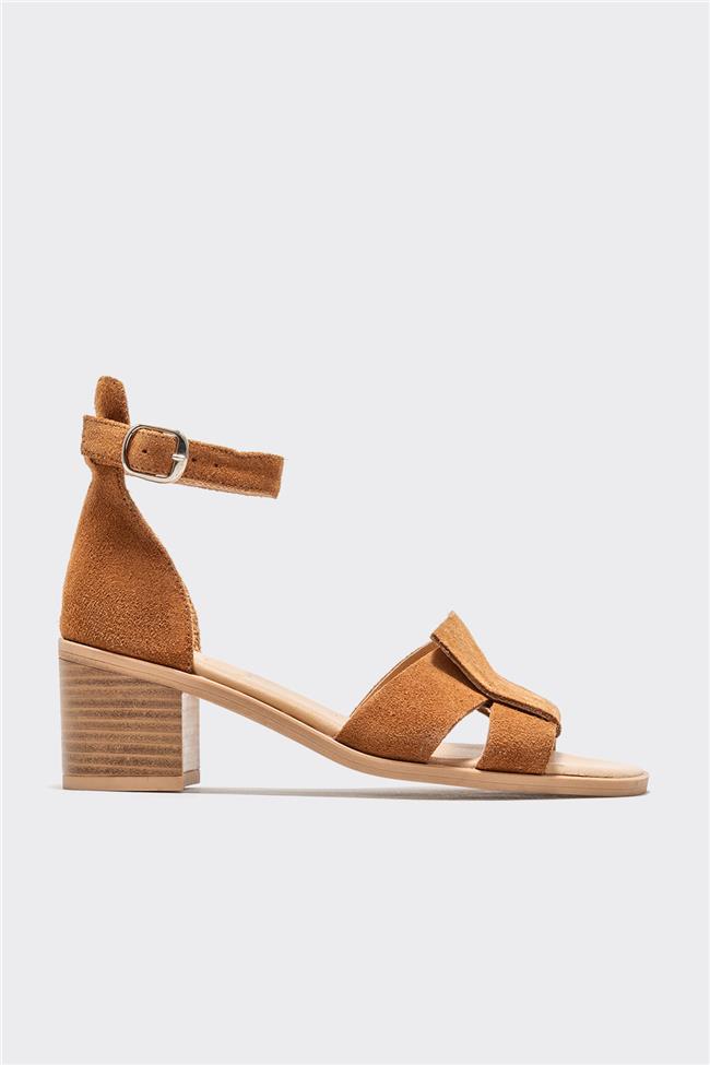 Taba Deri Kadın Topuklu Sandalet