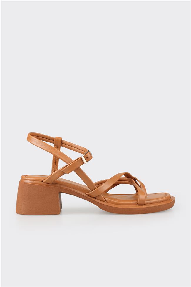 Taba Deri Kadın Topuklu Sandalet