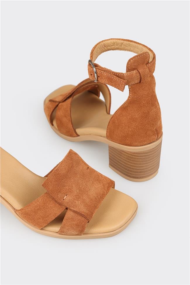 Taba Deri Kadın Topuklu Sandalet