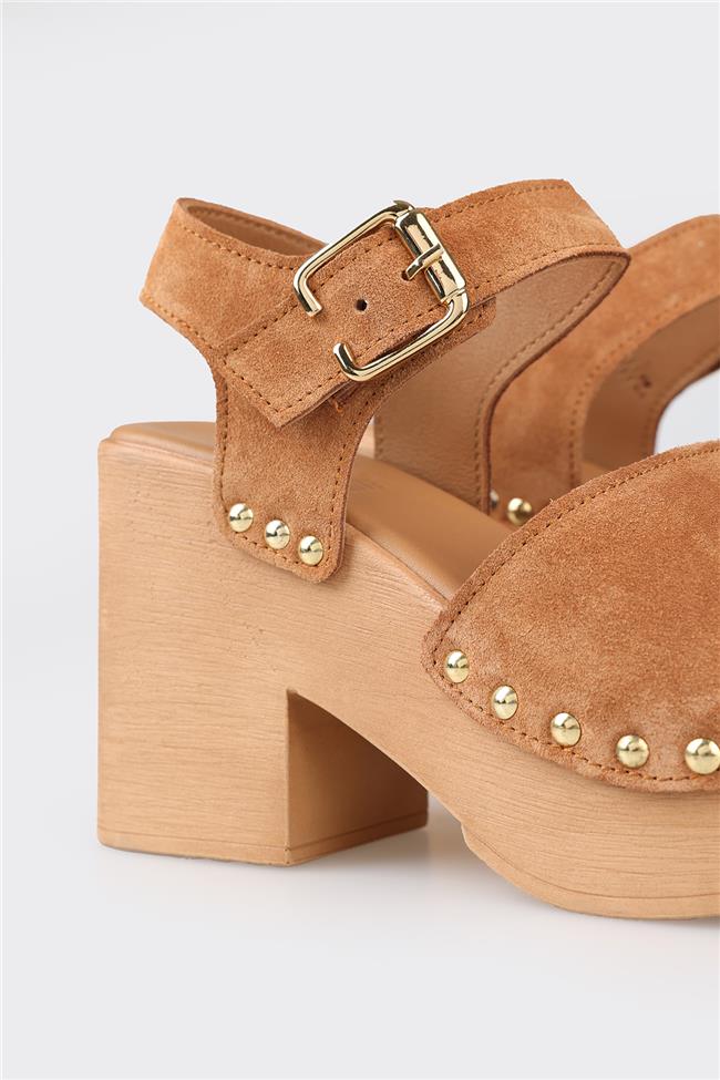 Taba Deri Kadın Topuklu Sandalet
