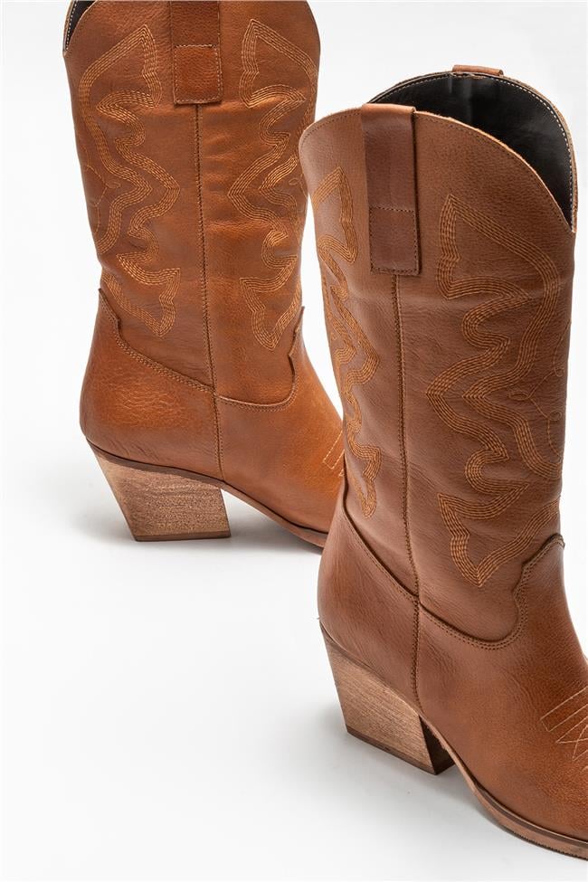 Taba Deri Kadın Western Çizme