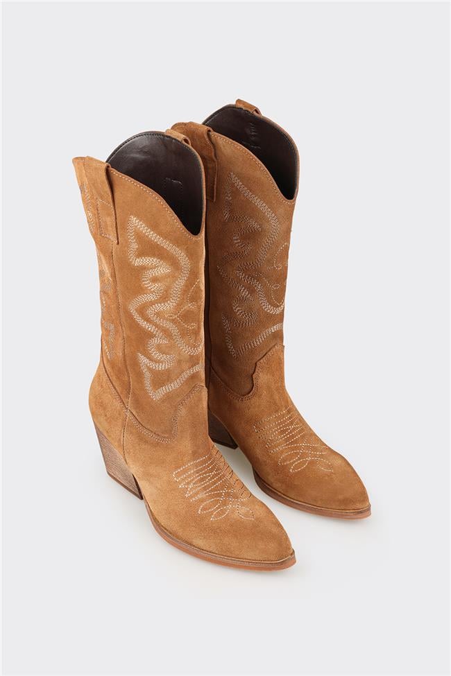 Taba Deri Kadın Western Çizme