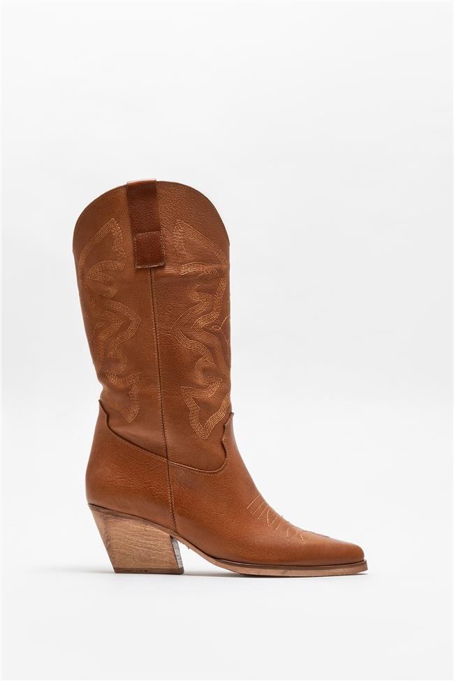 Taba Deri Kadın Western Çizme