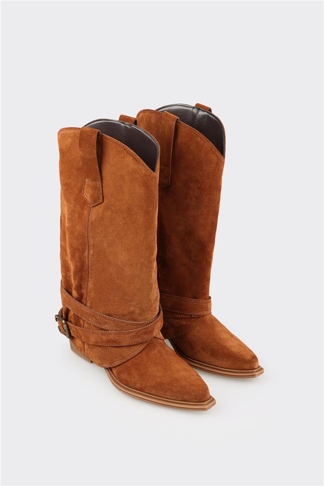 Taba Deri Kadın Western Çizme