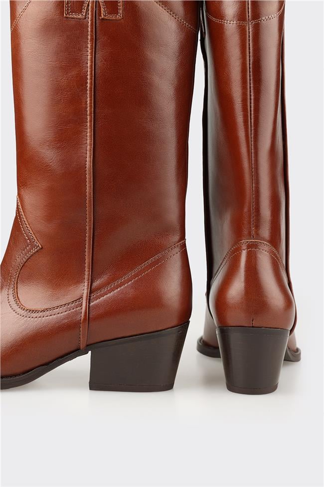 Taba Deri Kadın Western Çizme