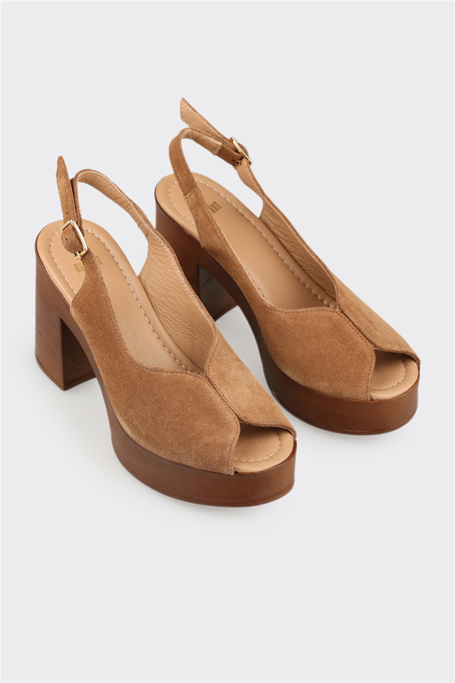 Taba Deri Kadın Yüksek Topuklu Sandalet