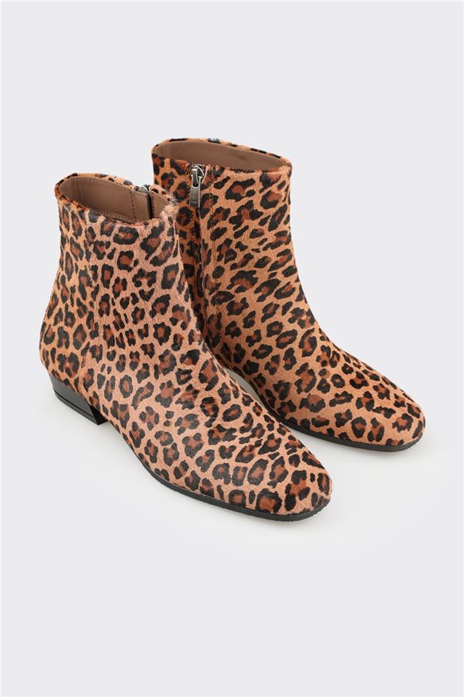 Taba Hayvan Desenli Deri Kadın Klasik Bot