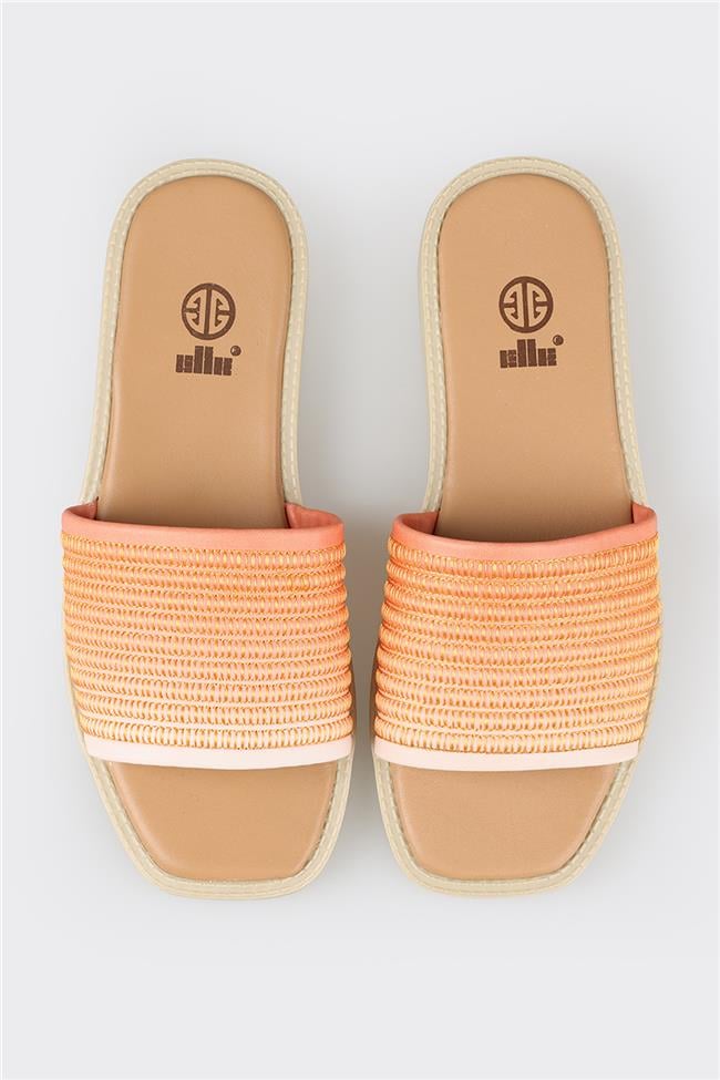 Turuncu Deri Kadın Düz Terlik