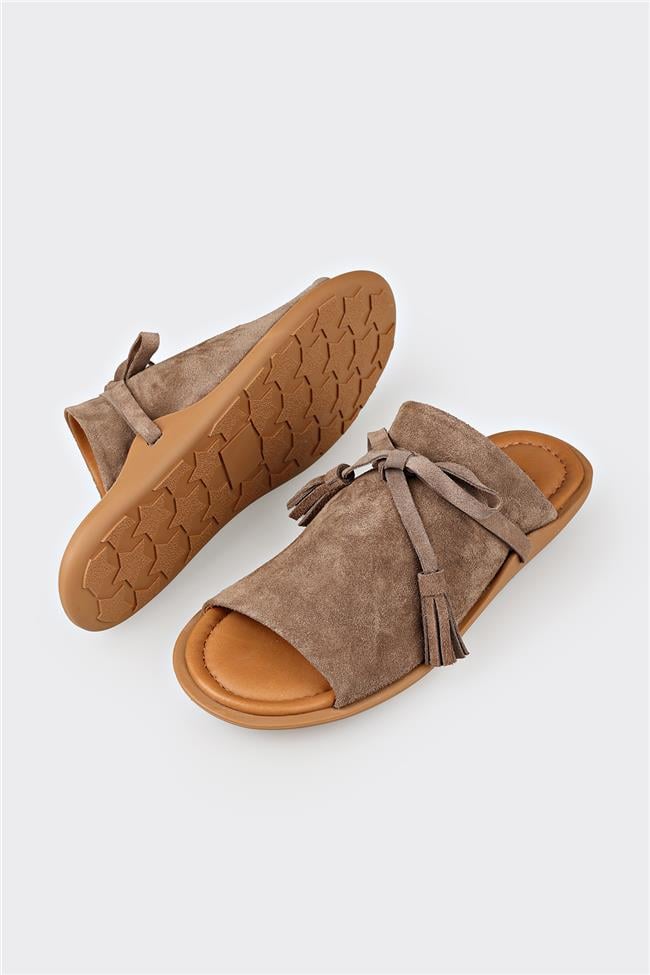 Vizon Deri Kadın Düz Terlik