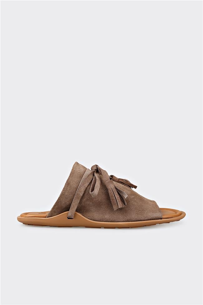 Vizon Deri Kadın Düz Terlik